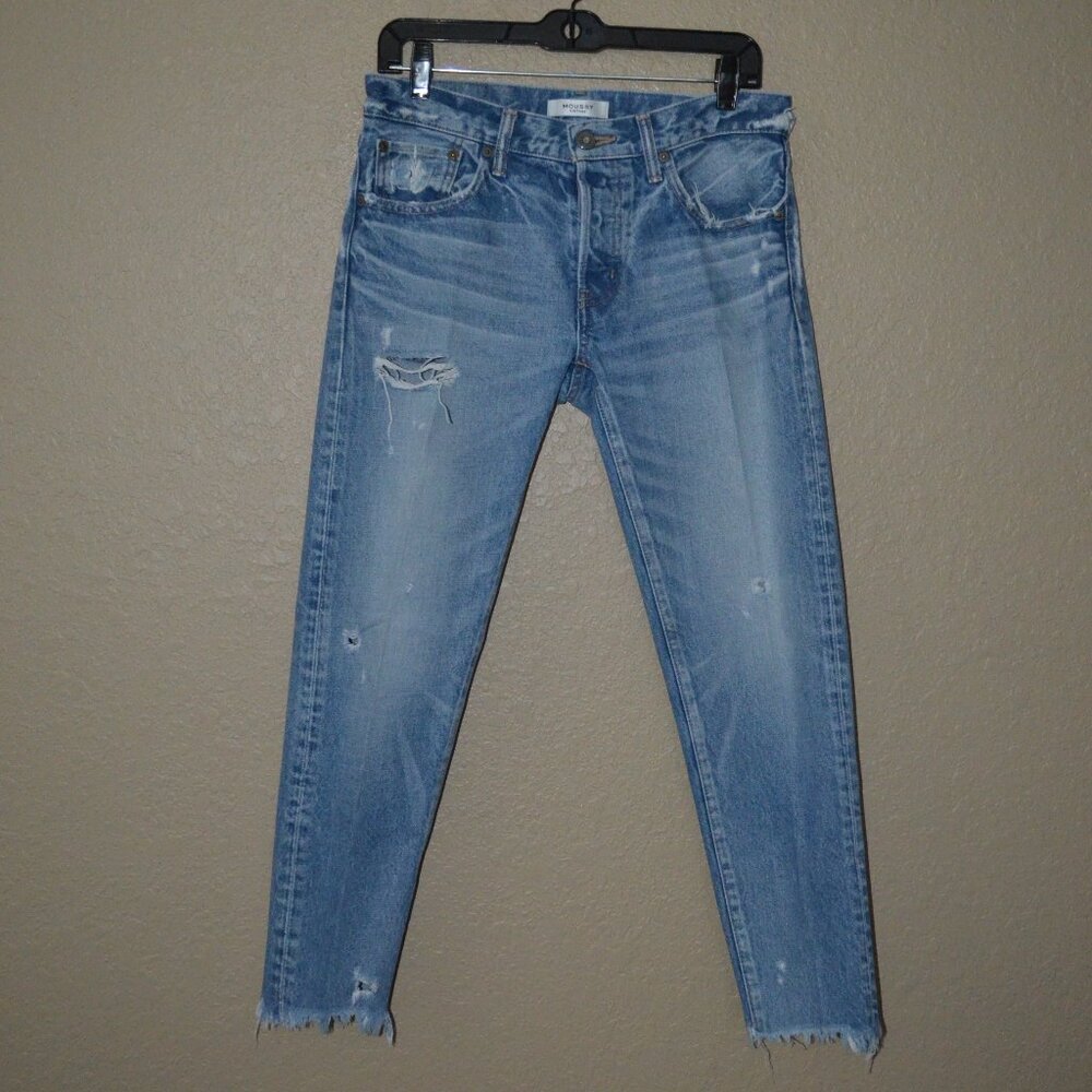 $350 Sz 27 Moussy Blue Destroyed Frayed Hem Skinny Jeans